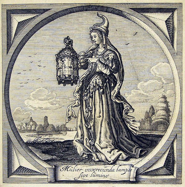 A young woman pointing at the lamp she is holding; the lamp is of no use as it has no light - like a "woman who has lost her sense of shame"