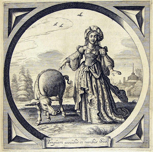 A young woman points at a pig with a golden ring through its snout and compares herself with it, saying "she has lost her honour"