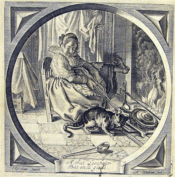 A young woman warming herself at a fireplace with one leg resting high against the wall; with her fire-tongs she touches the "curious" cat