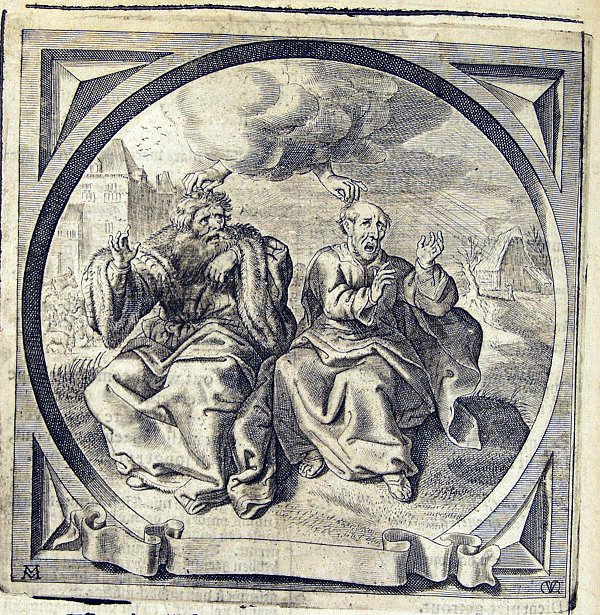 Hands from the clouds are pulling hairs from a man with a full head of hair and from a man who is nearly bald