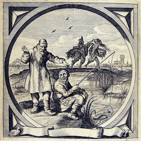 An older man is warning a fisherman to pull up his fishing rod in time; in the background a man is chasing Occasio