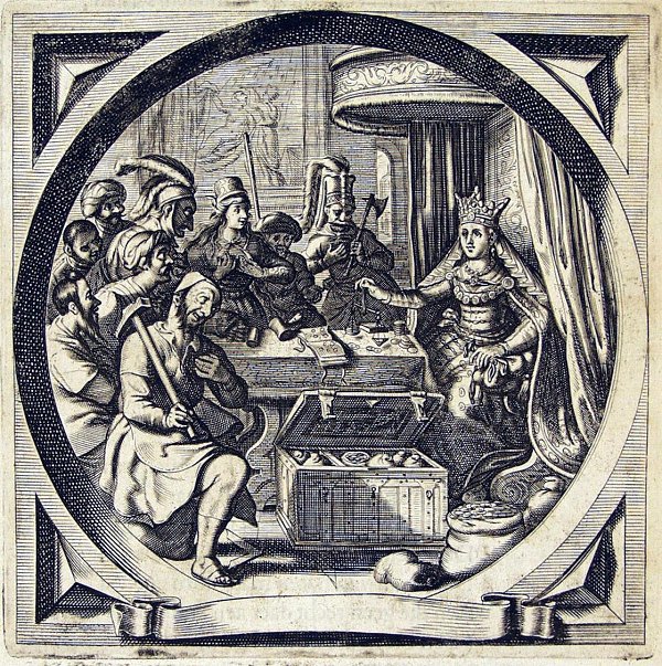 Queen Money (Pecunia) weighing coins at a table which is surrounded by a variety of people, anxious to receive some of the money