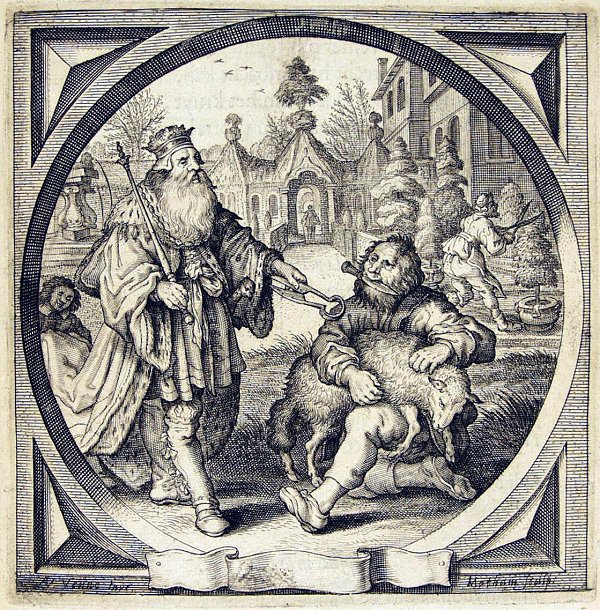 A king is handing a pair of shears to a shepherd so he can shear his sheep instead of flaying it; in the background a gardener is carefully cutting a tree in the right shape