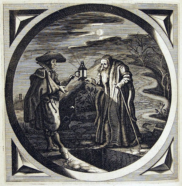 An old man passing on a lantern to a younger man