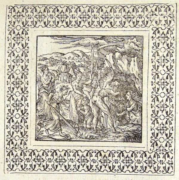Father Time uncovers Truth, a young woman in a cave; personifications of Quarrel (woman with tousled hair and a torch, held upside down), Envy (snakes for hair, eating a heart) and Slander (woman gripping a boy by his hair)