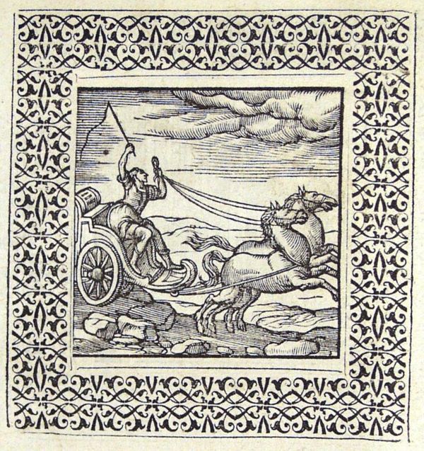 A charioteer is pulled over the edge of a cliff by his bolting team of horses