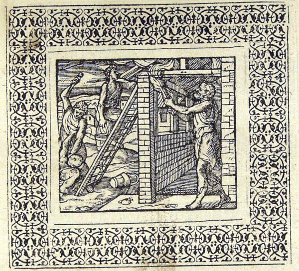 A man is setting fire to a house, another man ascends a ladder with a bucket; two men fighting