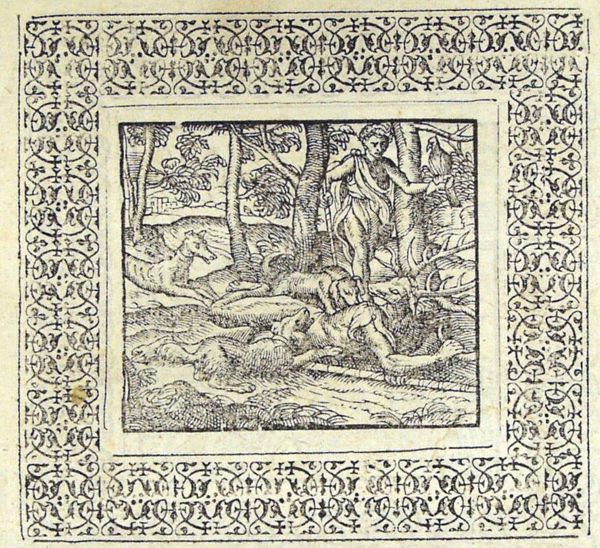 Actaeon devoured by the dogs of Diana; a man approaches with a falcon on his hand