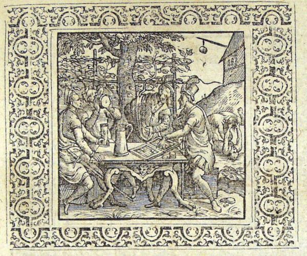 Two men are boozing, two men are playing tric-trac, two men are fighting