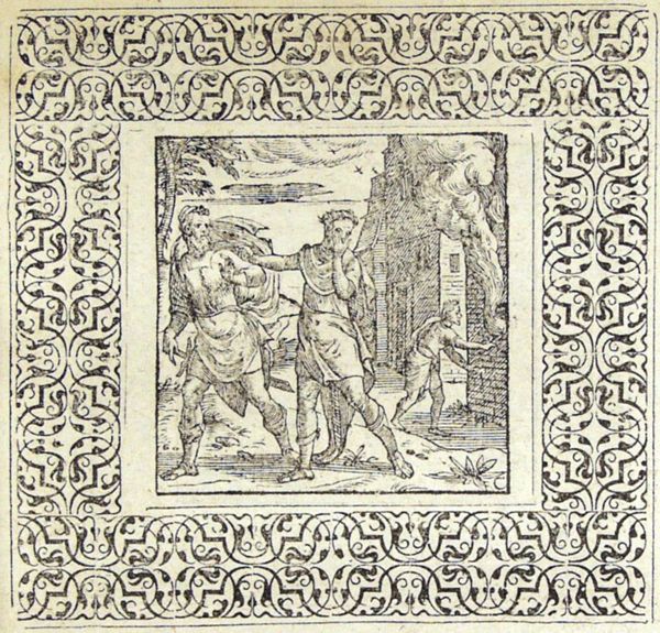 A man cuts out one of his enemy's eye with a stick but gouges out both of his own eyes with his fingers; in the background a man sets fire to a house