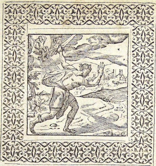 A man with a guilty conscience attacks his own shadow with his sword; Jupiter on his eagle