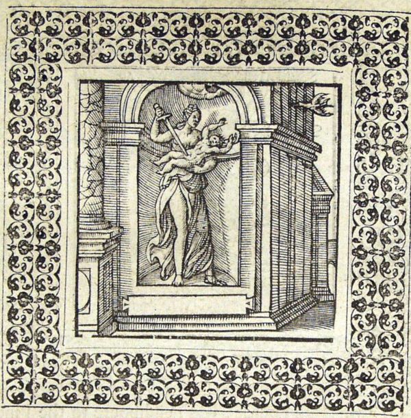 A bird (swallow) flies to its young which sits in the nest on top of a statue of Medea, killing her children