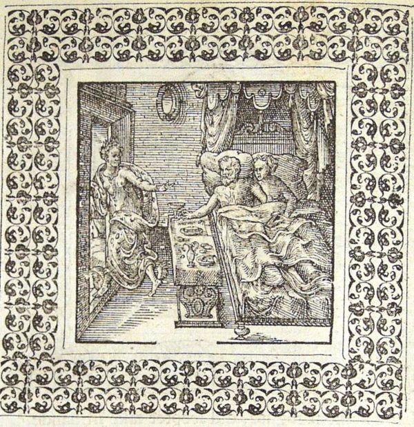 A man in bed with a woman, a laid table next to the bed, a woman in a dress with eyes and wings at her feet (Fama) flees from the room