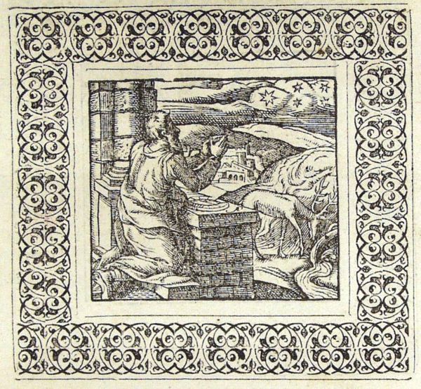 A man kneeling at a compass, folded hands, looking at the Pole Star and other stars; a deer drinking from a stream