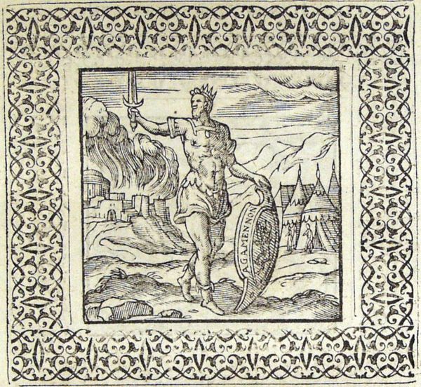 Agamemnon in front of burning Troy and an army camp
