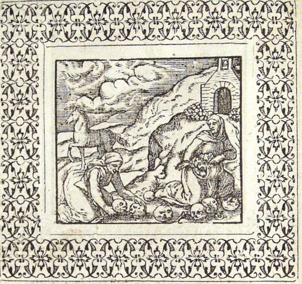 Skulls roll in various directions when they fall from the apron of a woman; a horse