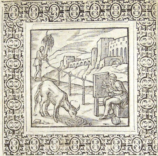 Ocnus and another man make a rope; an ass is eating a rope that is finished