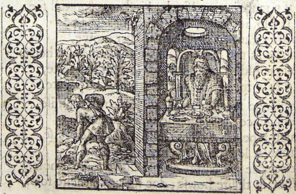 An older man seated at a laid table, a young man spading in the garden
