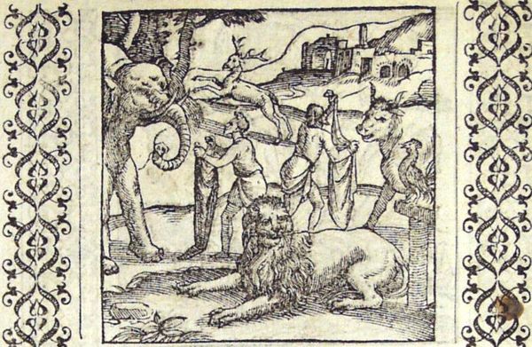 A bull and an elephant are frightened by a red and a white rag, the lion by the crowing cock; in the background a stag is running away