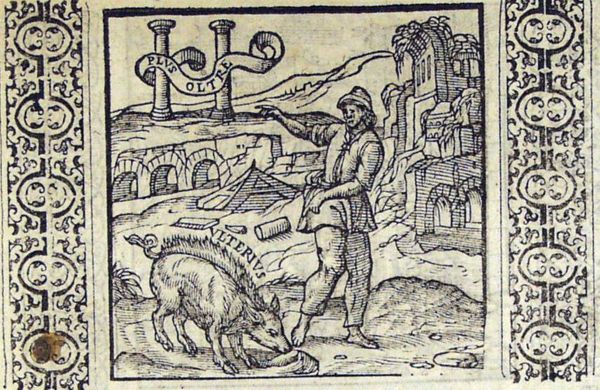 A farmer offers a pig's head to a ruler while gesturing to a pig inscribed 'ulterius'