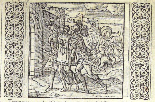 A herald is led away, captured by two soldiers