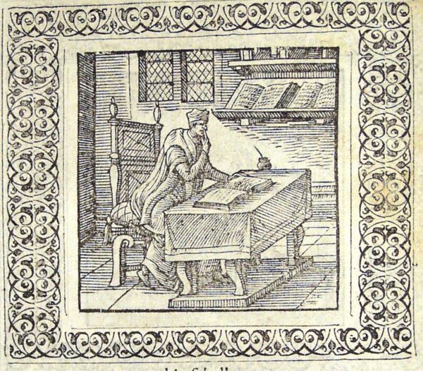 A scholar in his study holds his finger to his lips
