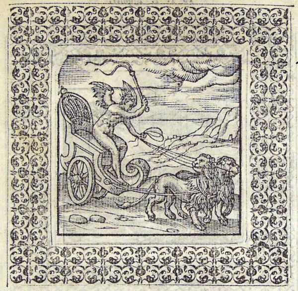 Cupid rides a chariot drawn by two lions