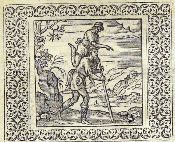 A lame man on the shoulder of a blind man