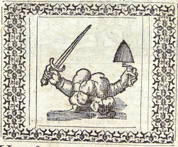 Two hands from the clouds, one holding a sword, the other holding a trowel