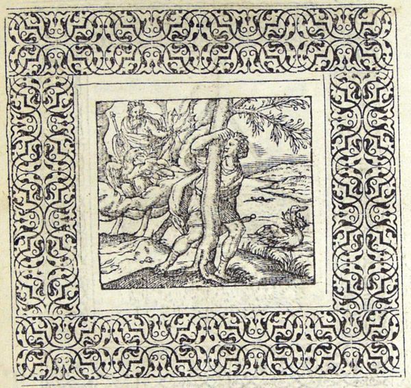 A man holding a laurel tree, Jupiter on his eagle, a swan