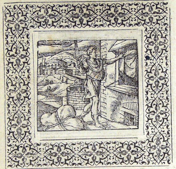 A man with raised sword, lifts the curtain of a window