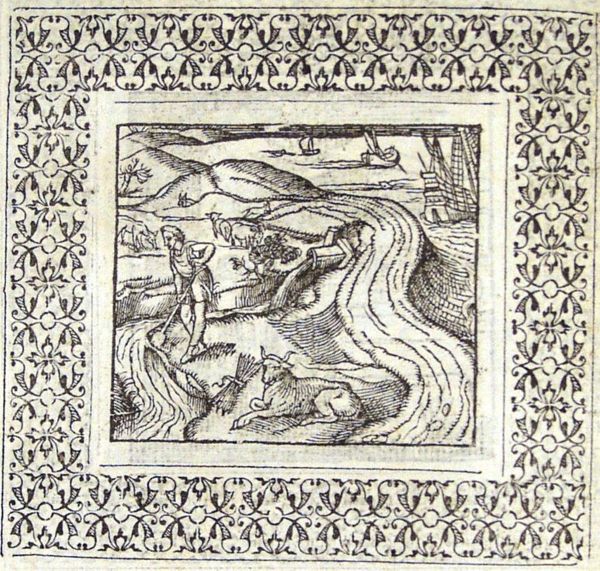 Through a pipe the water from the sea is flowing into a small stream; a man is spading, an ox is lying next to a bundle of arrows