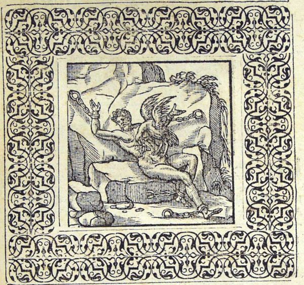 An eagle pecks at the liver of Prometheus who is chained to a mountain of the Caucasus