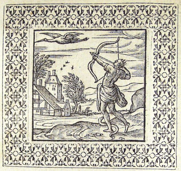 A hunter takes aim at a crane while a snake bites his leg