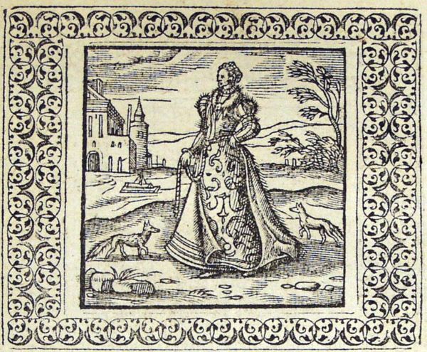 A richly dressed woman looking at two small furry animals (ermine, sable, musk-rat?)