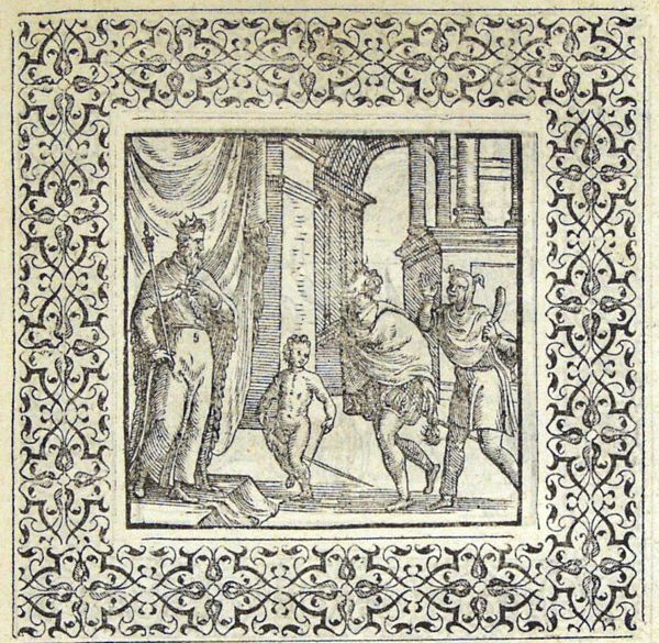 A child, a simpleton and a jester in front of a king