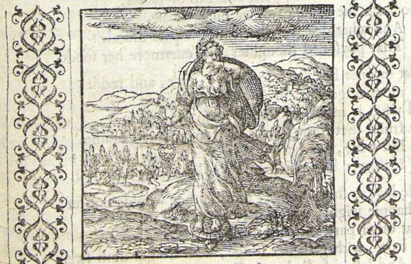 A woman standing on a tortoise, holding keys in her right hand, covering her mouth with her left hand