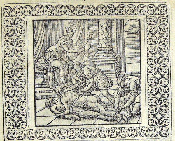 King Mezentius watches as two men tie a naked man to a corpse