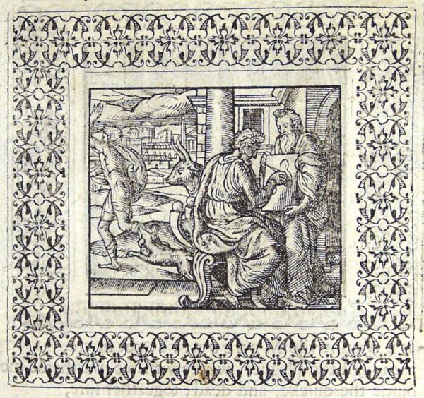 A man is holding up a panel upon which a painter is drawing a human figure; a dog and a bull in pursuit of a fleeing man