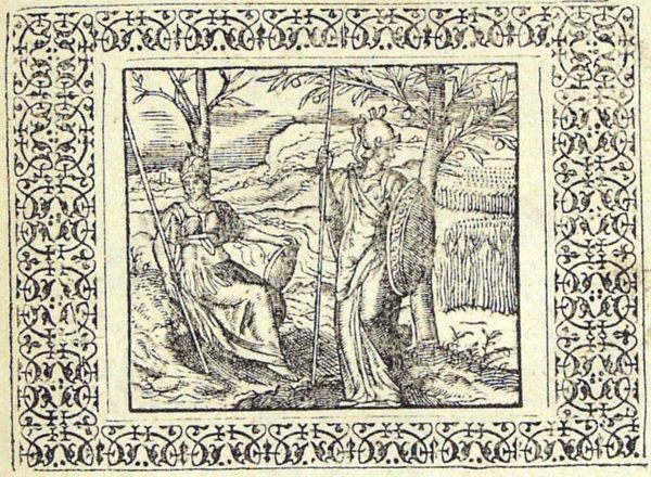 Two representations of Minerva: once she is seated at the foot of a bare olive-tree; once she is standing next to a fruit-bearing tree