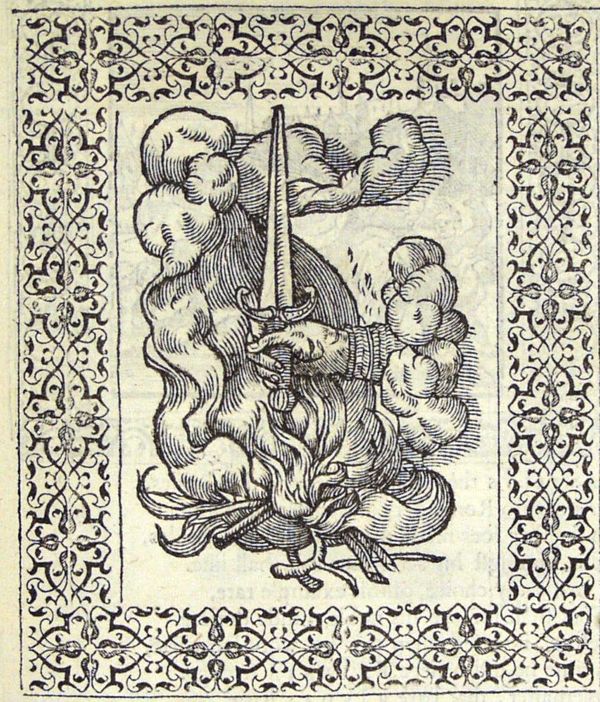 The hand of Gaius Mucius Scaevola appearing from the clouds, holding a sword over a fire