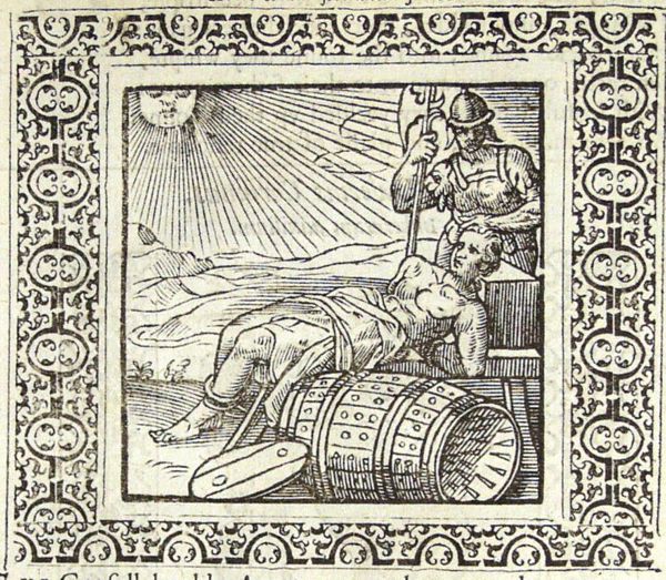 The sun scorches the eyes of Marcus Attilius Regulus whose eyelids have been cut off; the nail-studded barrel in which the Carthaginians will put him, lies next to him