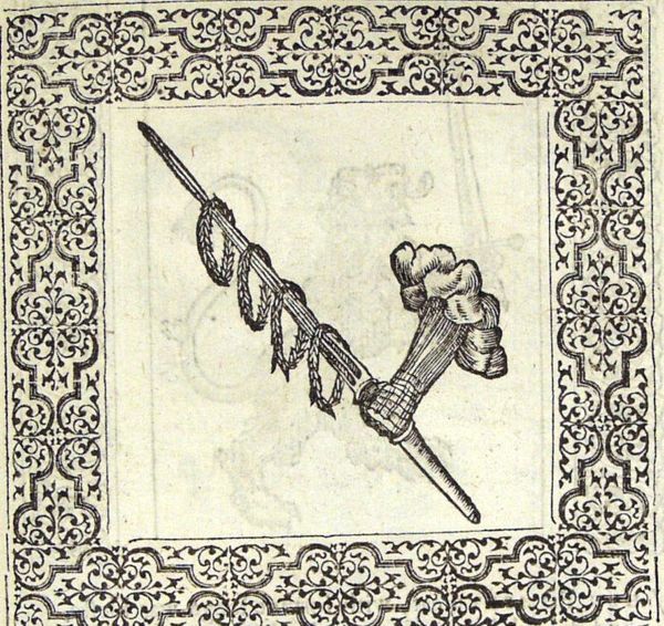 Ironclad hand from the clouds, holding a lance with laurel wreaths
