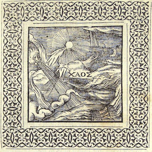 The universe - the sun and moon, the stars, the winds, the elements: air, water, earth and fire - in its primeval state of Chaos