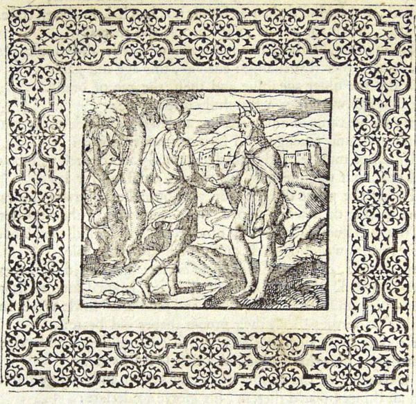 A man is shaking hands with a man wearing the skin of a fox (a false friend); a robber hides in the woods