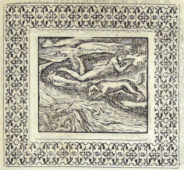 A naked man drinking from a cup, a dog faces a crocodile while drinking from the river Nile