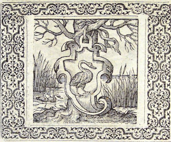 A shield with a swan is attached to a tree with a ribbon