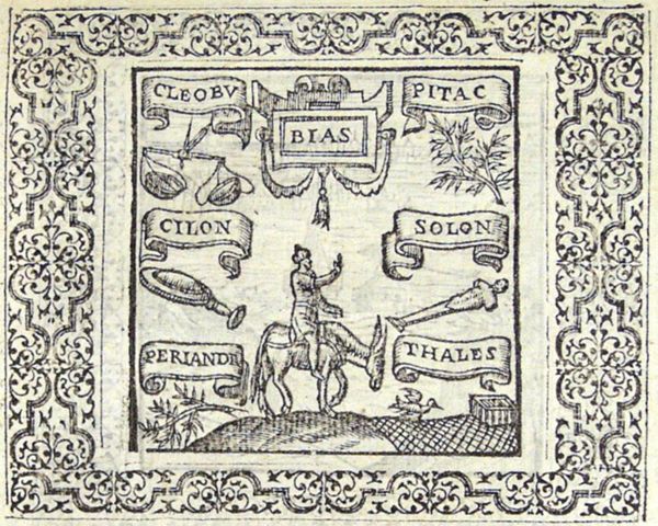 Scales (balance, measure), a mirror (self-knowledge), pennyroyal (controlling one's anger), coriander (moderation), terminus (consider the end), a sheep on a donkey (anger), bird to be caught in a trap (freedom of slavery)