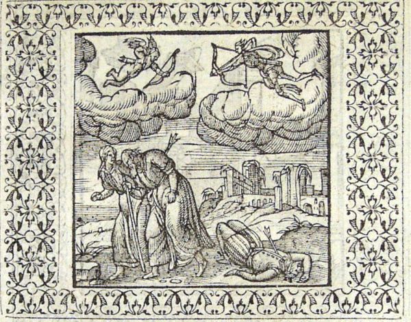 Cupid and Death mistakenly shoot each other's arrows: Death stimulates an old man to love again, Cupid kills a young lover