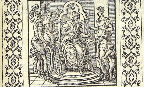 A scholar is looking to his left at Venus whose leg is held by Amor; Minerva and Hera standing on his right